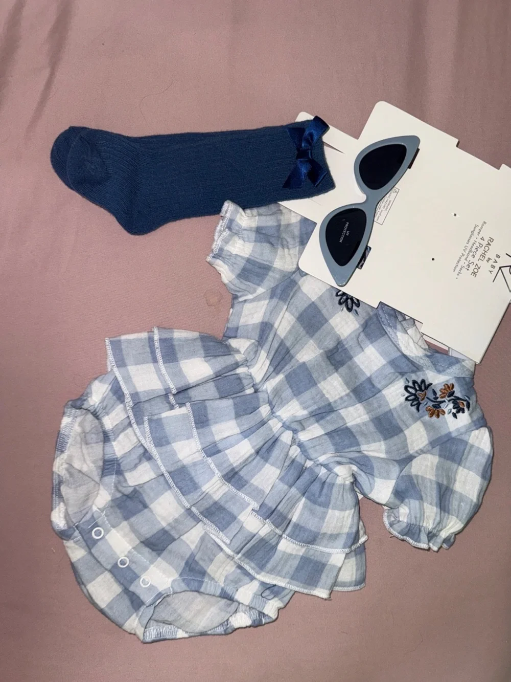 Rachel Zoe Blue Gingham Embroidered Dress Bodysuit with Navy Socks